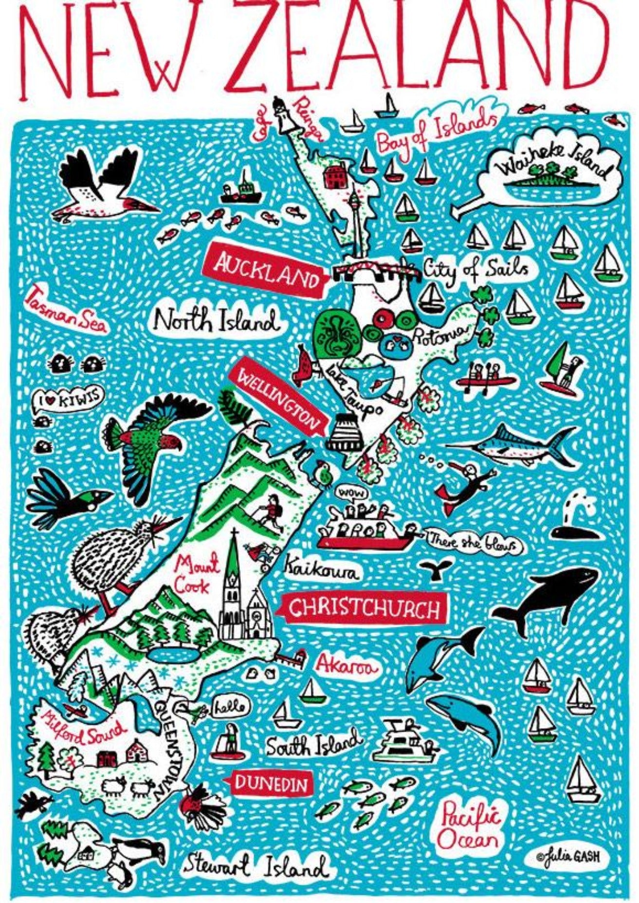 New Zealand Auckland Christchurch Wellington Pacific Dunedin Kiwi Birds Art Print - Julia Gash