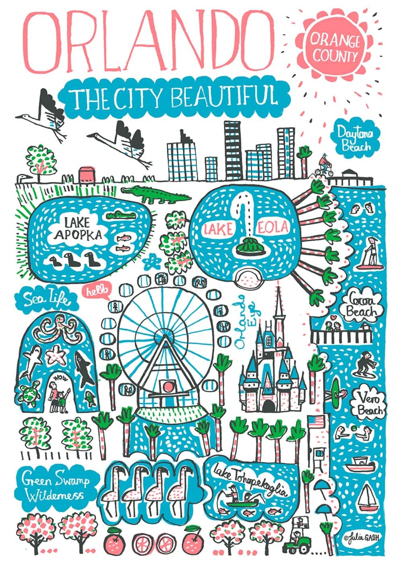 Orlando Florida Travel Art Print by British map illustrator Julia Gash