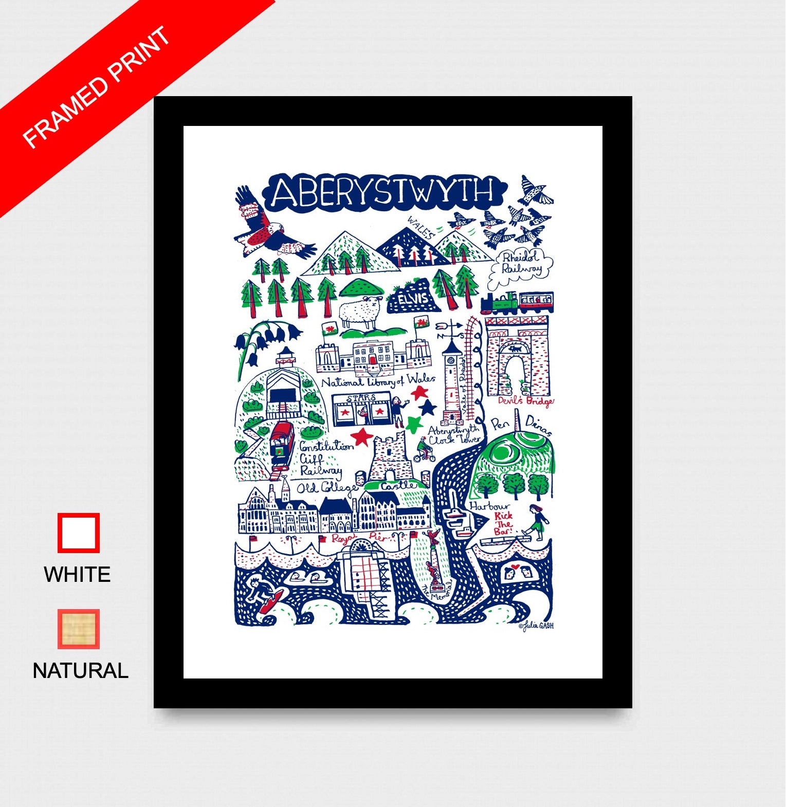 Aberwystwyth pretty little seaside art print by British illustrator Julia Gash. This popular tourist destination and surfing spot in Wales is depicted by Julia in her iconic spirited style as beautiful wall decor for your home