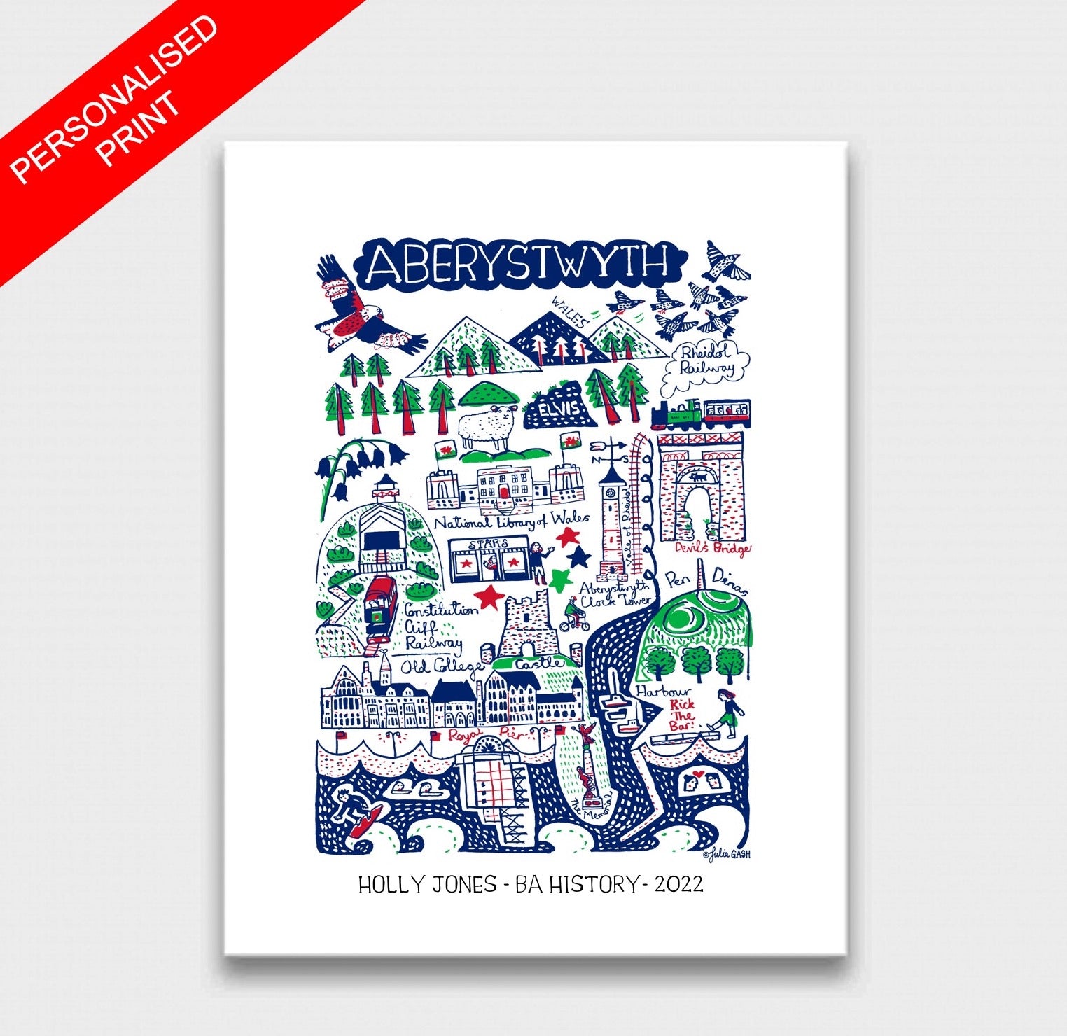 Aberwystwyth pretty little seaside art print by British illustrator Julia Gash. This popular tourist destination and surfing spot in Wales is depicted by Julia in her iconic spirited style as beautiful personalised wall decor for your home