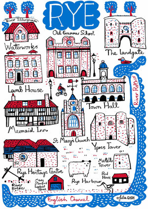 Rye cityscape illustration by Julia Gash, features the coast in East Sussex with lots of medieval buildings including Ypres Tower. Spirited and contemporary travel themed illustrations by Julia Gash are wonderful wanderlust decor for your home.