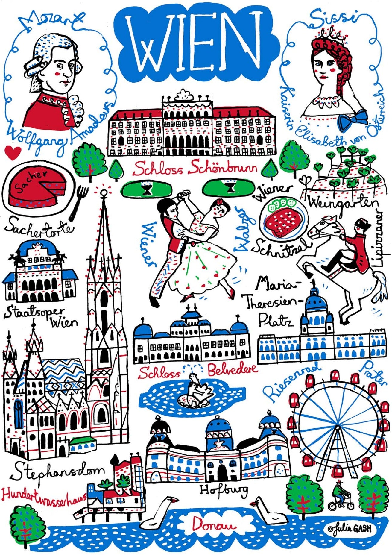 Wien - Vienna Travel Art Print by map artist Julia Gash featuring Mozart
