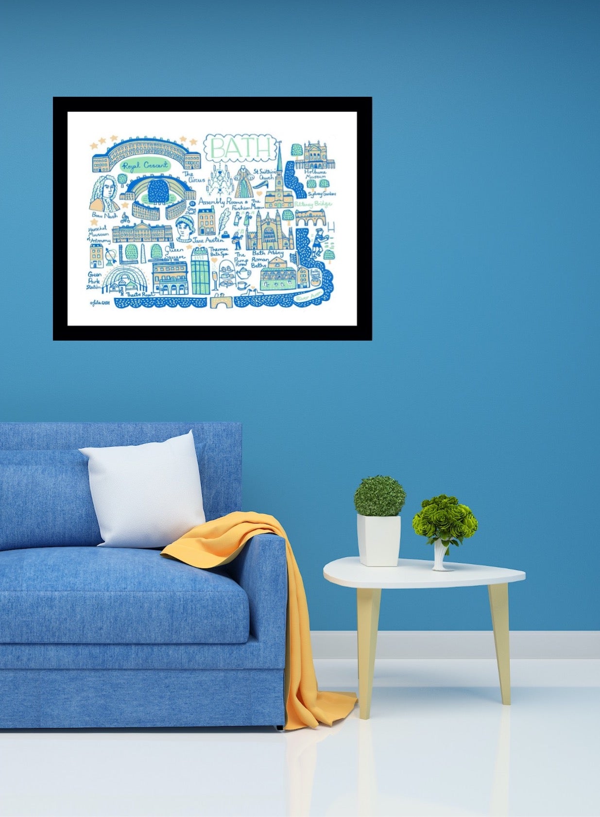 Bath Travel Art Print by British Map Artist Julia Gash featuring Jane Austen, Roman Baths, River Avon, Pump Rooms