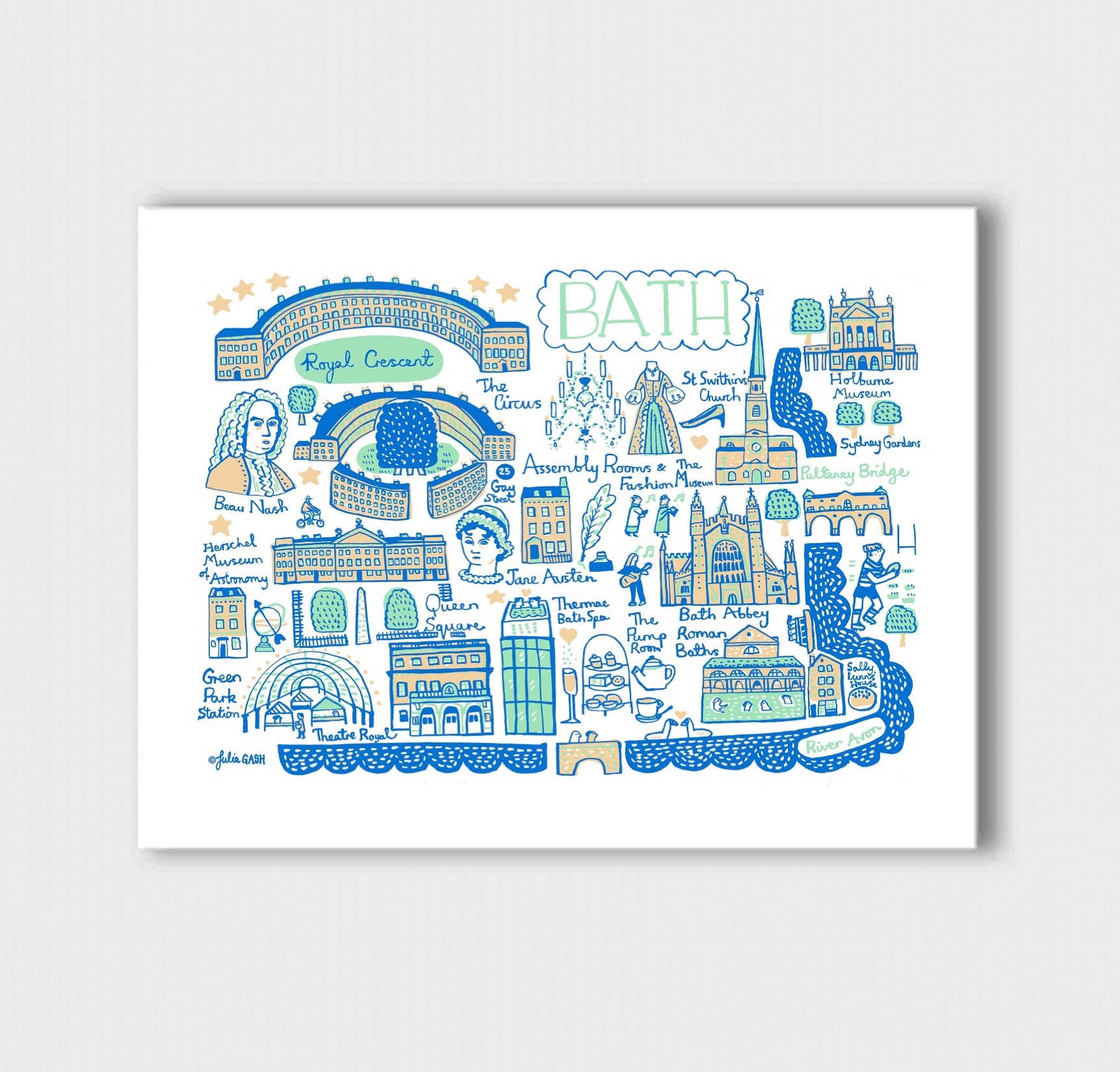 Bath Travel Art Print by British Map Artist Julia Gash featuring Jane Austen, Roman Baths, River Avon, Pump Rooms