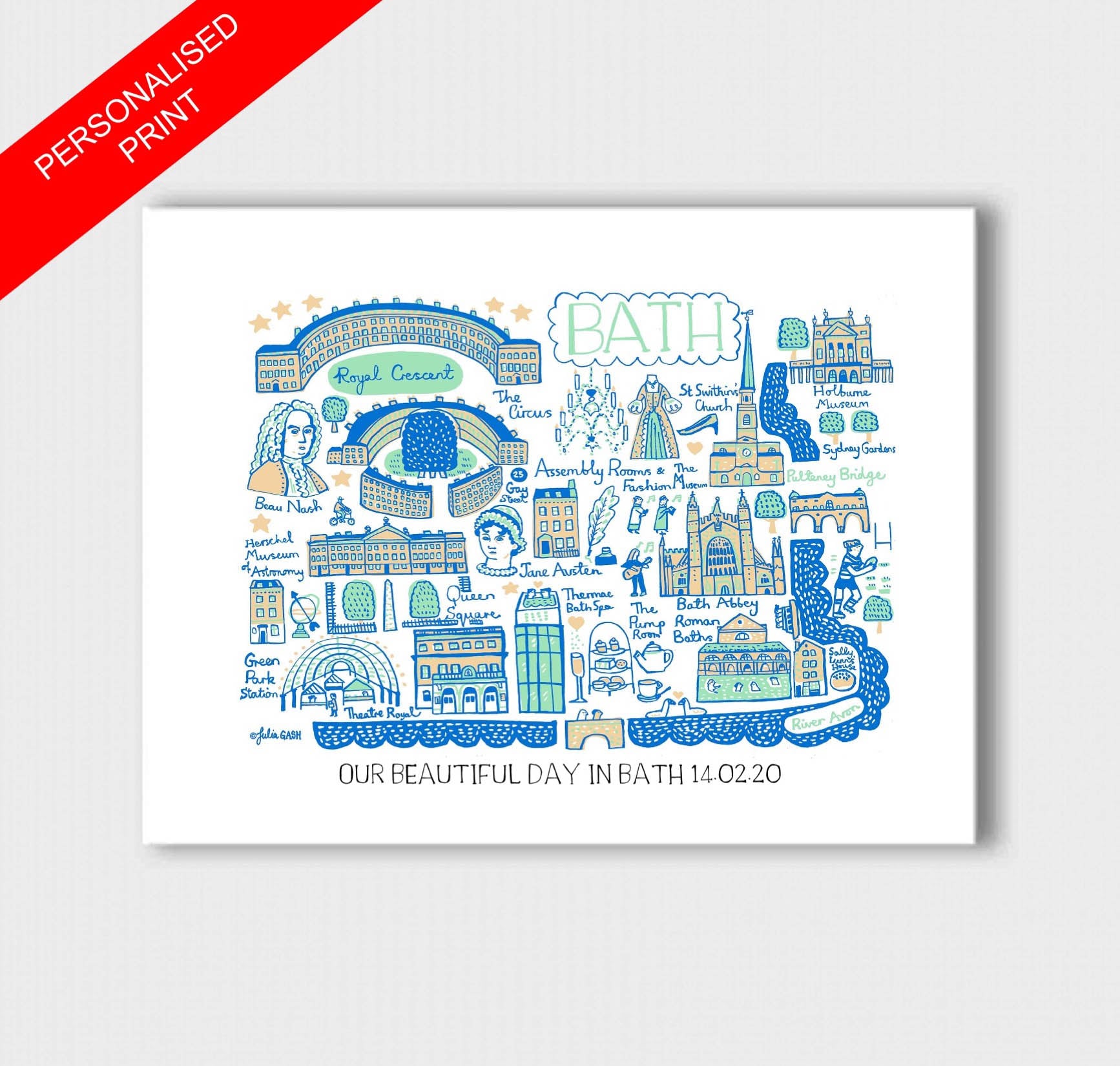 Bath Travel Art Print by British Map Artist Julia Gash featuring Jane Austen, Roman Baths, River Avon, Pump Rooms