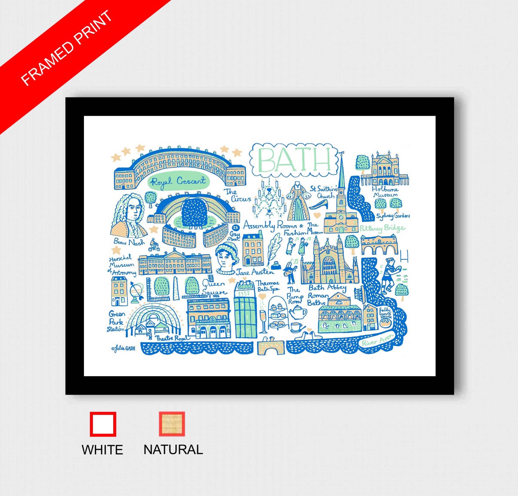 Bath Travel Art Print by British Map Artist Julia Gash featuring Jane Austen, Roman Baths, River Avon, Pump Rooms