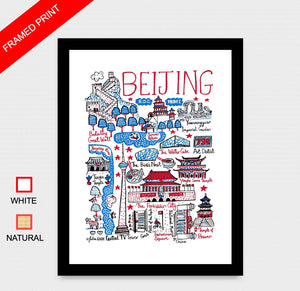 Beijing contemporary map illustration featuring the Great Wall, Forbidden City and Tiananmen Square by British travel artist Julia Gash