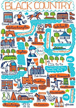 Black Country whimsical illustration by Julia Gash featuring Wolverhampton, Walsall, Stourbridge, Halesowen, Dudley, West Bromwich, Tipton