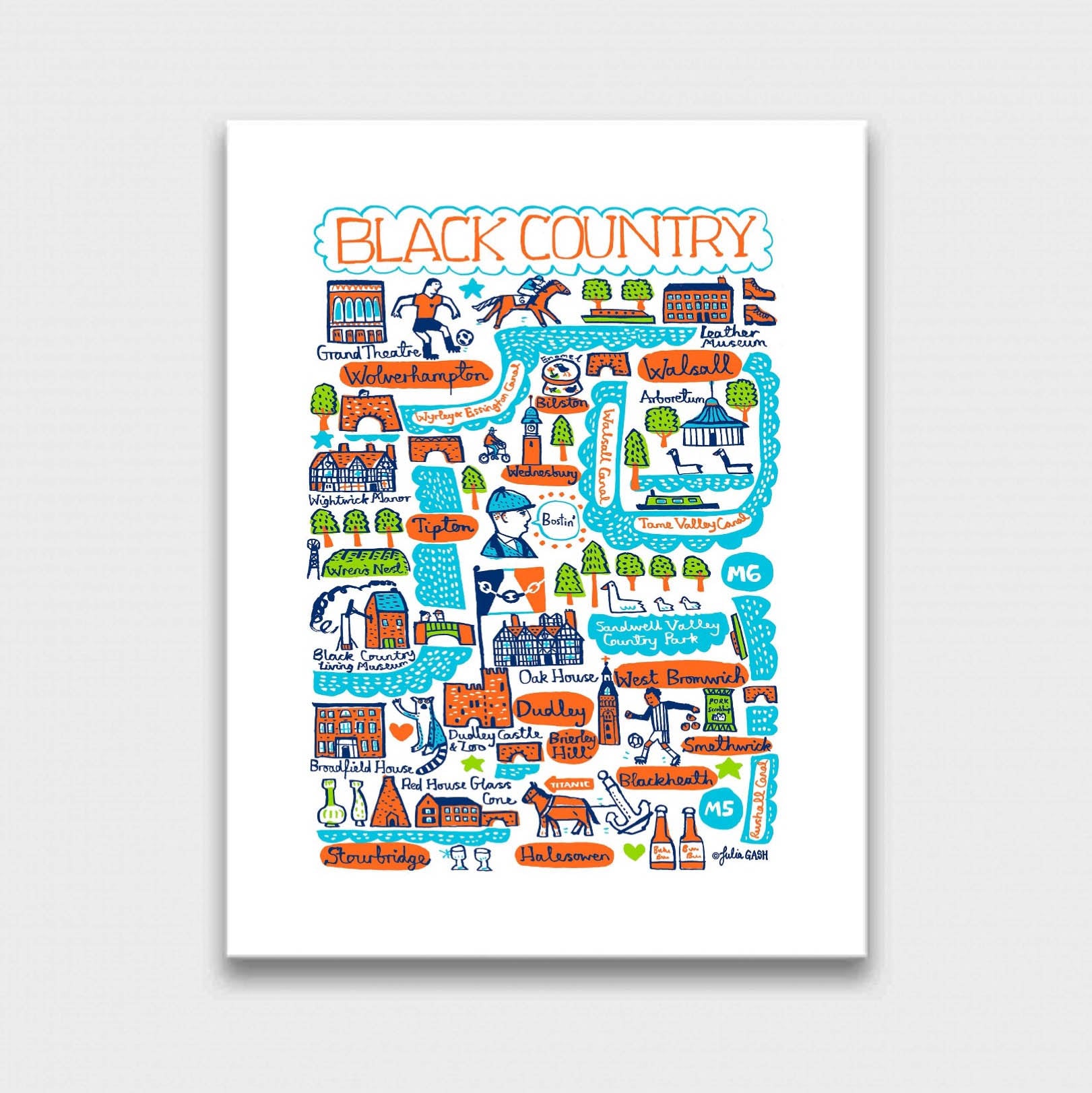 Black Country whimsical illustration by Julia Gash featuring Wolverhampton, Walsall, Stourbridge, Halesowen, Dudley, West Bromwich, Tipton