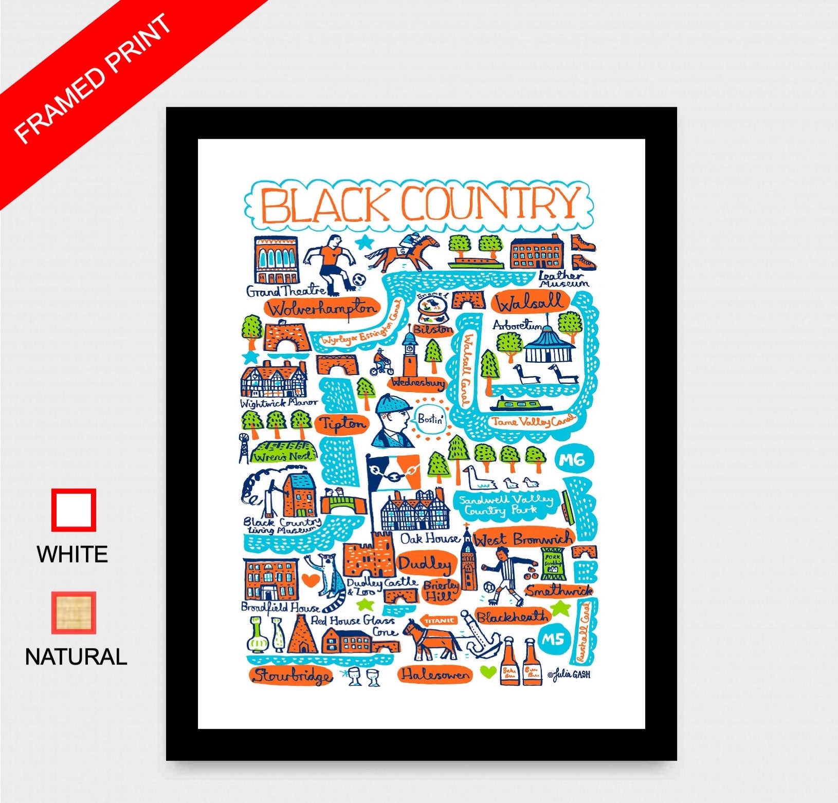 Black Country whimsical illustration by Julia Gash featuring Wolverhampton, Walsall, Stourbridge, Halesowen, Dudley, West Bromwich, Tipton