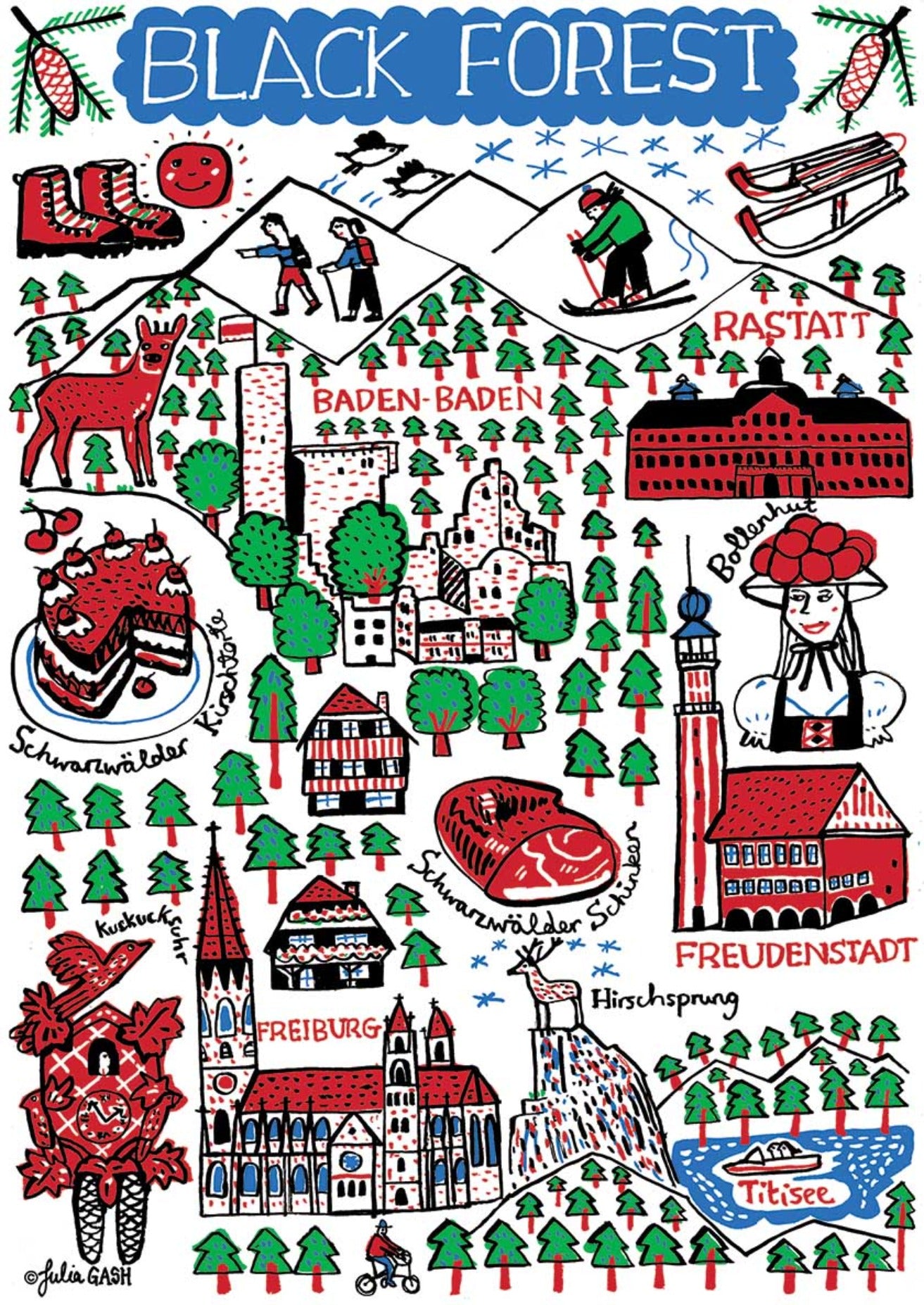 Black Forest Travel Art Print by British Map Artist Julia Gash