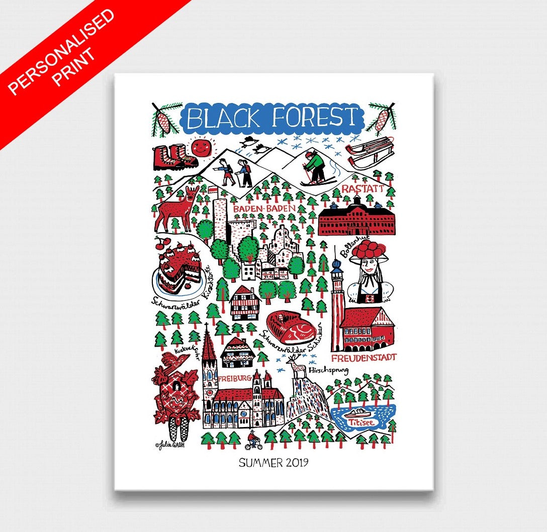 Black Forest Travel Art Print by British Map Artist Julia Gash