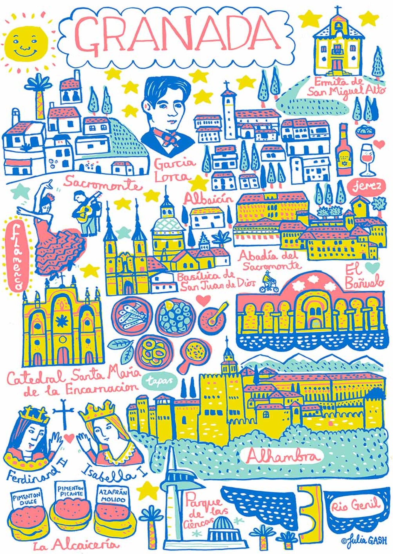 Granada, Andalucia Travel Art Print by British Map Artist Julia Gash featuring Flamenco Dancing, Alhambra, Garcia Lorca