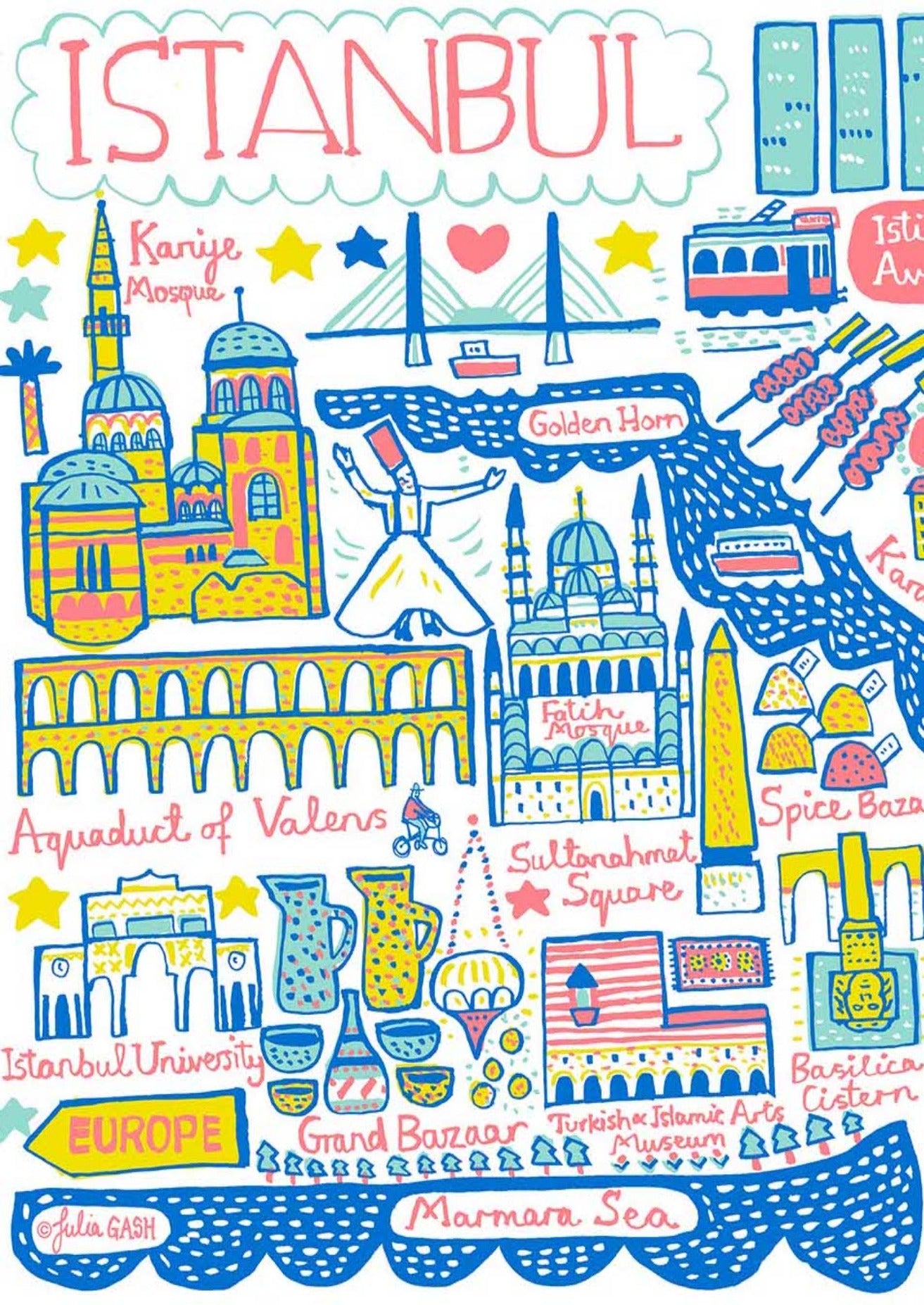Istanbul cityscape illustration. This playful Turkish travel art print features the Blue Mosque, Hagia Sophia, Topkapi Palace and culture from Turkey by Julia Gash