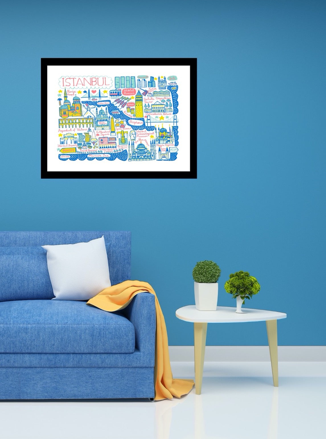 Istanbul cityscape illustration. This playful Turkish travel art print features the Blue Mosque, Hagia Sophia, Topkapi Palace and culture from Turkey by Julia Gash