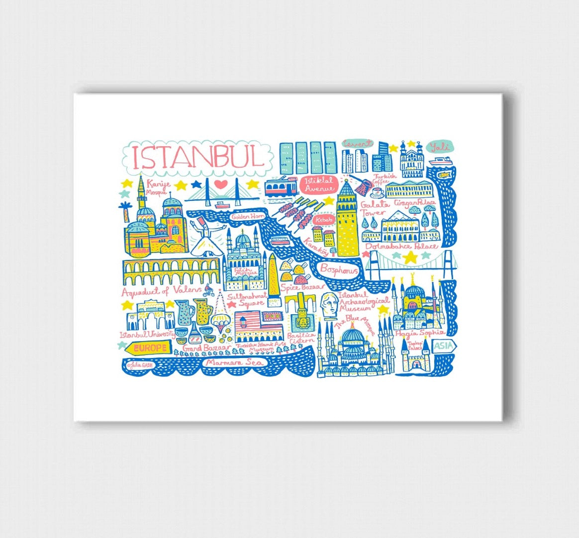 Istanbul cityscape illustration. This playful Turkish travel art print features the Blue Mosque, Hagia Sophia, Topkapi Palace and culture from Turkey by Julia Gash