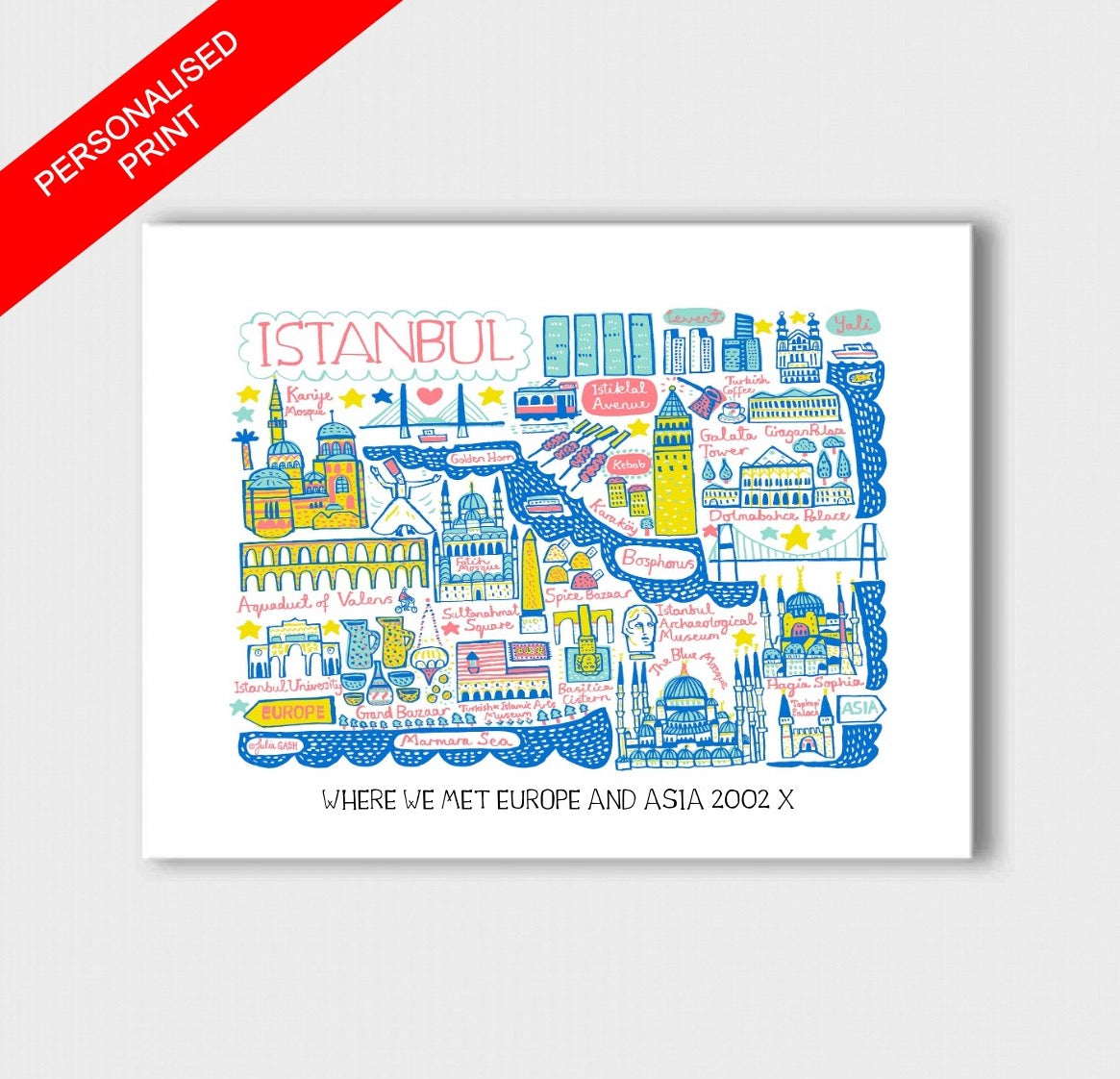 Istanbul cityscape illustration. This playful Turkish travel art print features the Blue Mosque, Hagia Sophia, Topkapi Palace and culture from Turkey by Julia Gash