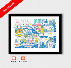 Istanbul cityscape illustration. This playful Turkish travel art print features the Blue Mosque, Hagia Sophia, Topkapi Palace and culture from Turkey by Julia Gash