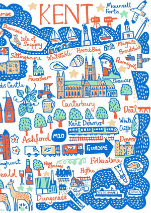 Contemporary Kent travel print illustration featuring Canterbury, Folkestone, Dover, Margate, Ashford Chatham and Maidstone 