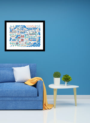 Contemporary Kent travel print illustration featuring Canterbury, Folkestone, Dover, Margate, Ashford Chatham and Maidstone