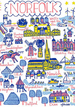Norfolk Travel Art Print featuring Norwich by British map illustrator Julia Gash