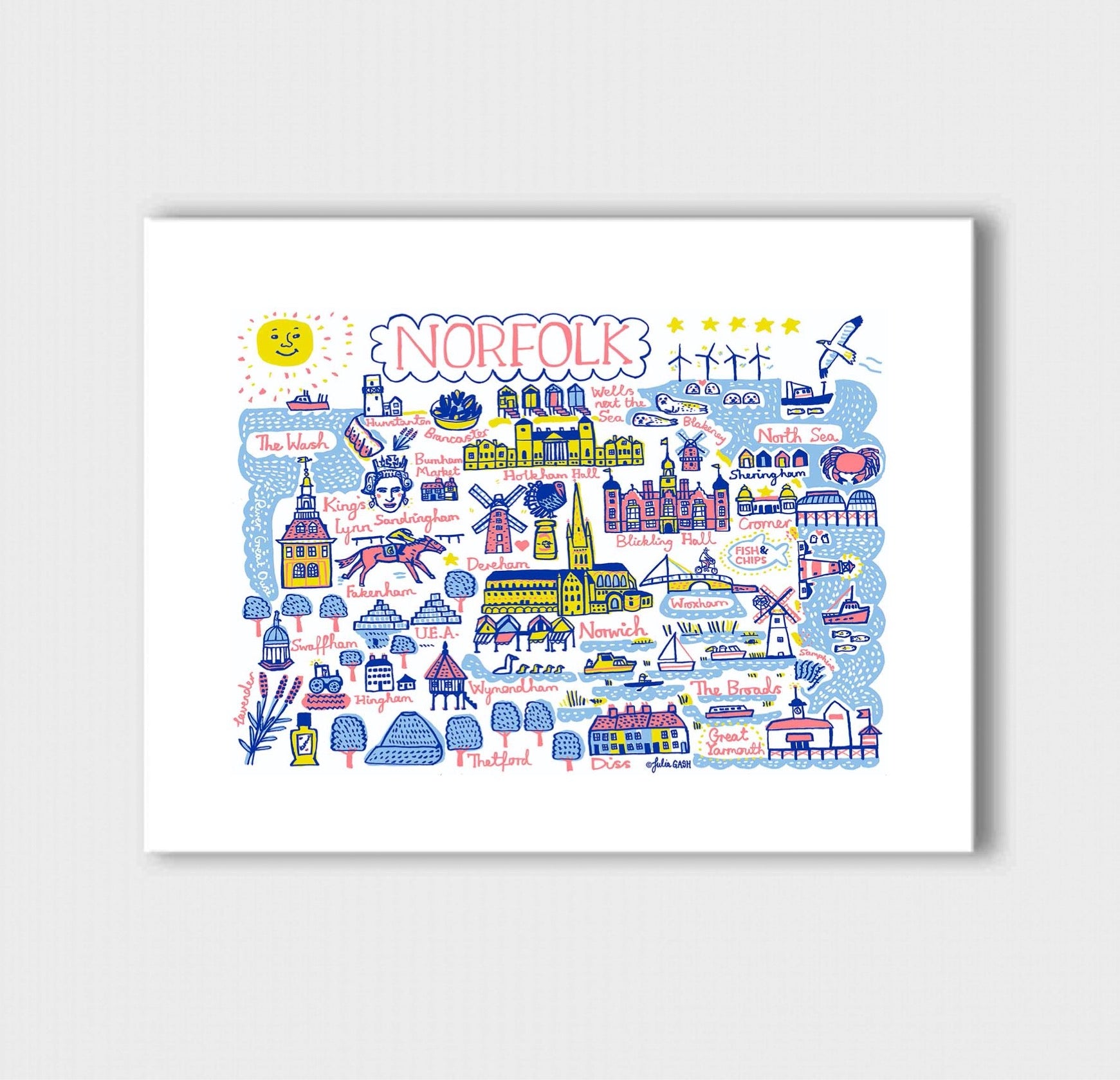 Norfolk Travel Art Print by British Map Artist Julia Gash featuring Blickling Hall, North Sea, Sandringham, The Walsh, Norwich