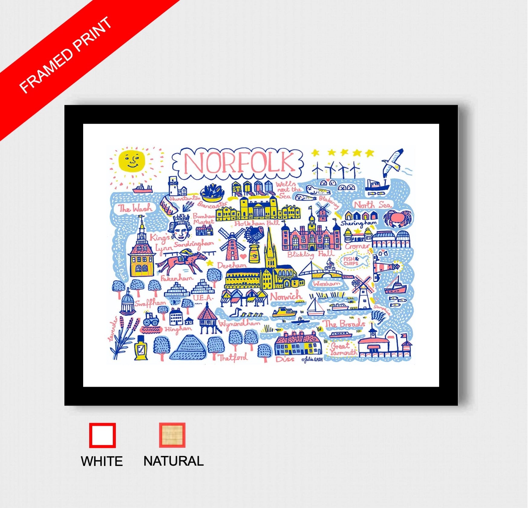 Norfolk Travel Art Print by British Map Artist Julia Gash featuring Blickling Hall, North Sea, Sandringham, The Walsh, Norwich