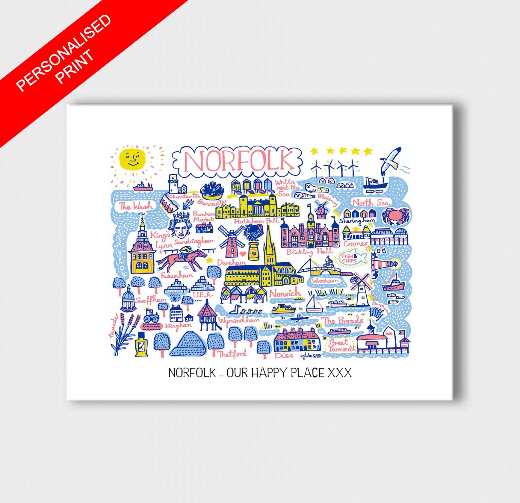 Norfolk Travel Art Print by British Map Artist Julia Gash featuring Blickling Hall, North Sea, Sandringham, The Walsh, Norwich