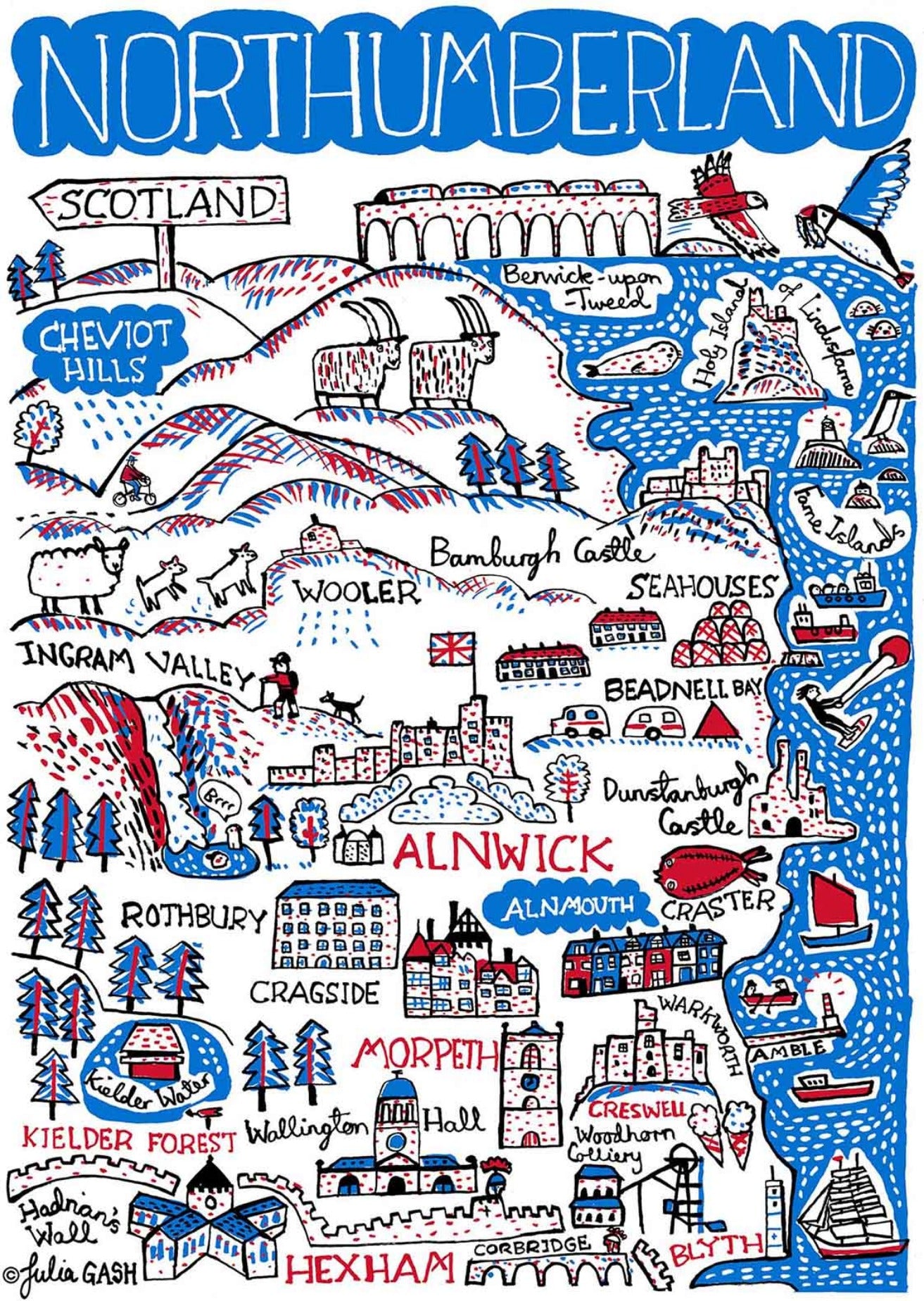 Northumberland Travel Art Print featuring Alnwick, Morpeth, Hexham by map illustrator Julia Gash