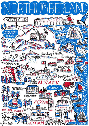 Northumberland Travel Art Print featuring Alnwick, Morpeth, Hexham by map illustrator Julia Gash