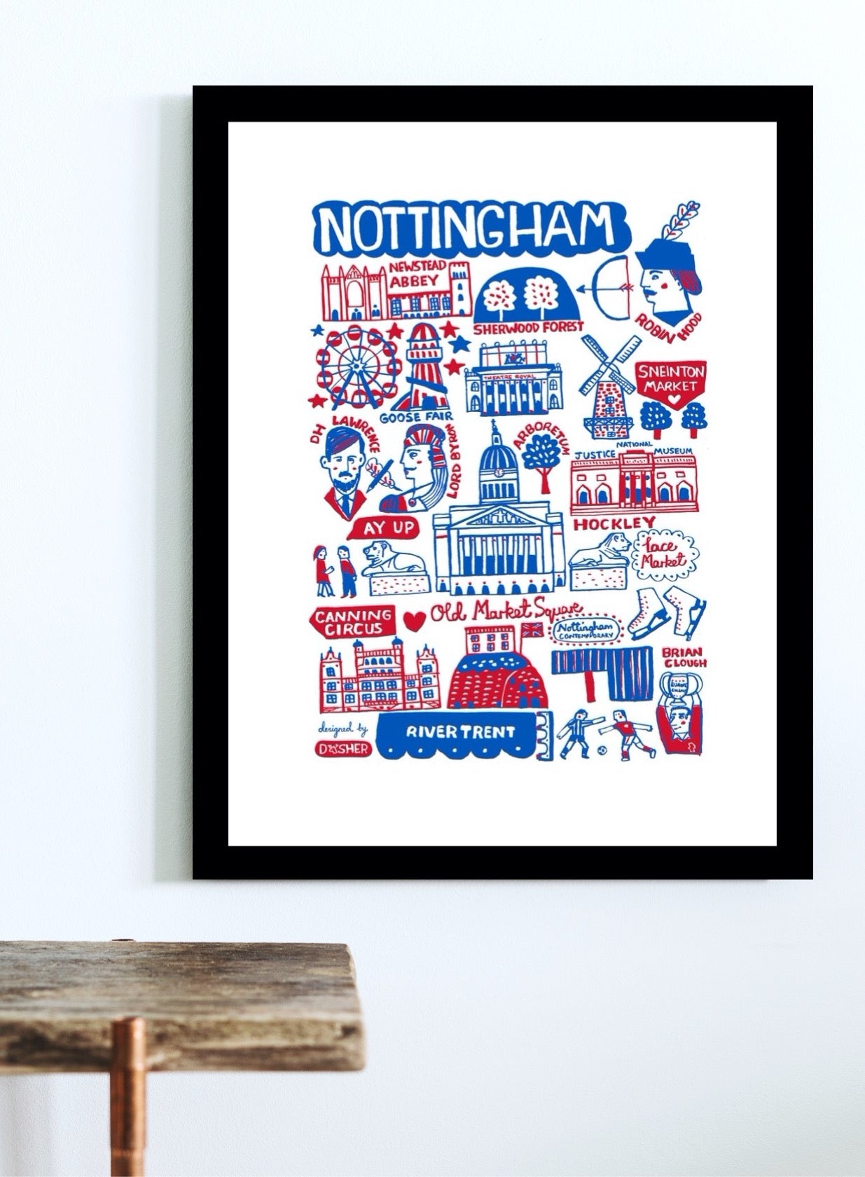 Nottingham Cityscape Map Illustration by British travel artist Julia Gash featuring Robin Hood