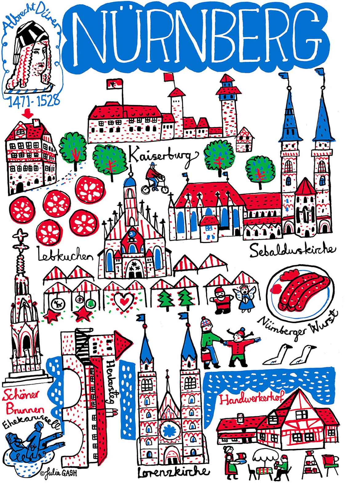 Nurnberg Germany Travel Illustration Art Print by British map artist Julia Gash