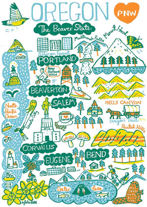 Oregon USA State Map Illustration Art Print featuring Portland, Eugene and Bend, by British map artist Julia Gash