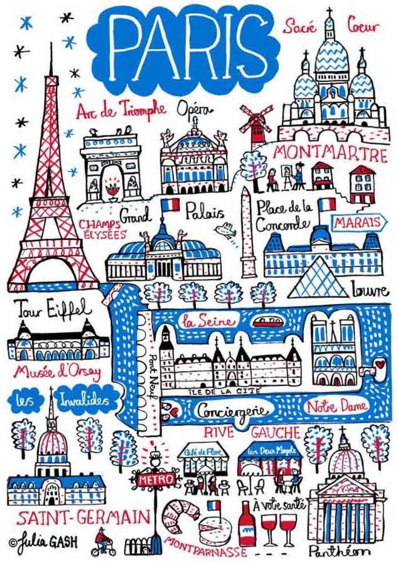 Paris France Illustrated Travel Art Print featuring the Eiffel Tower, Notre Dame, Montmartre by British travel artist Julia Gash