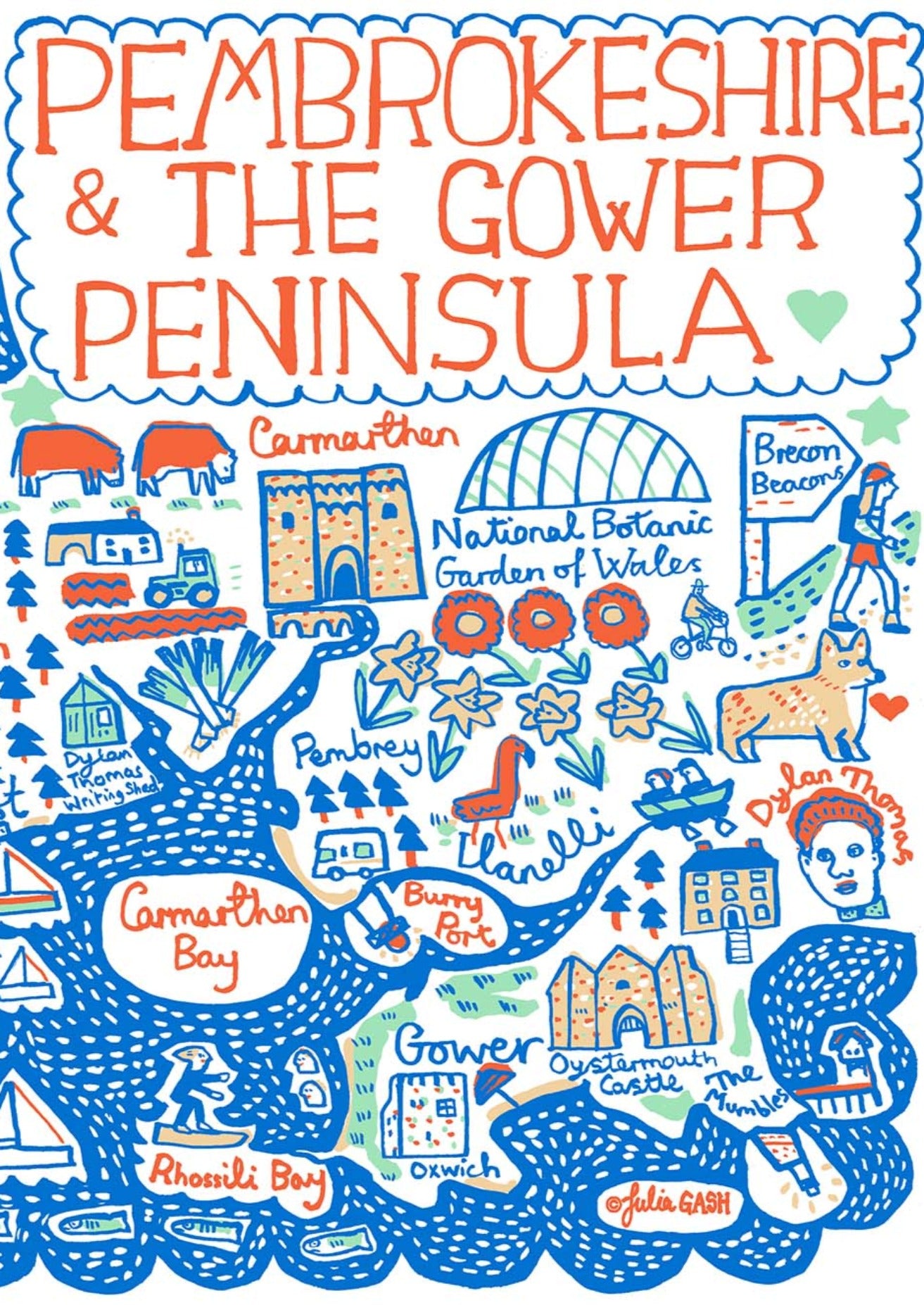 Pembrokeshire & The Gower Wales Art Print by British map maker Julia Gash