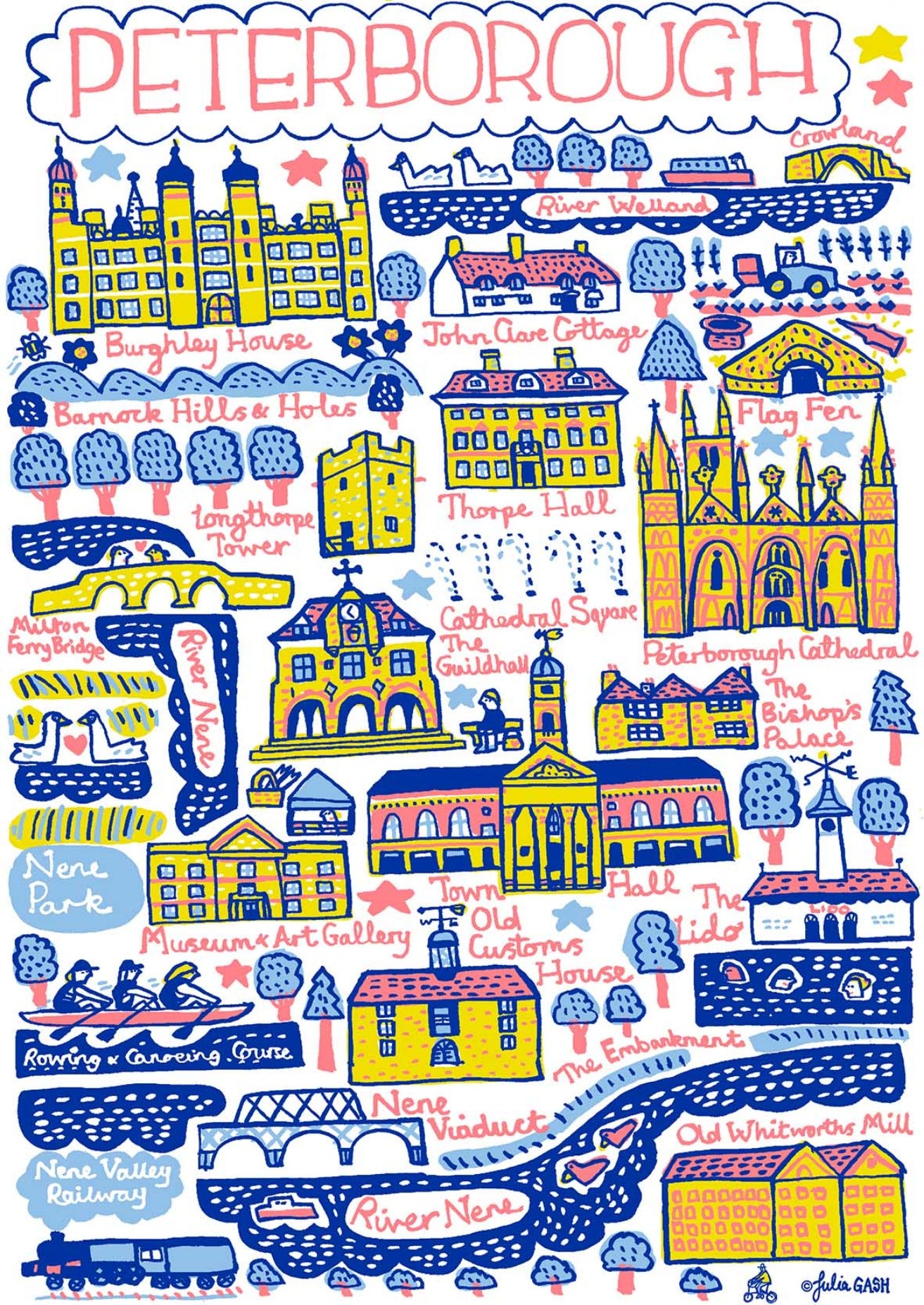 Peterborough Cambridgeshire Map Illustration Art Print by British travel artist Julia Gash