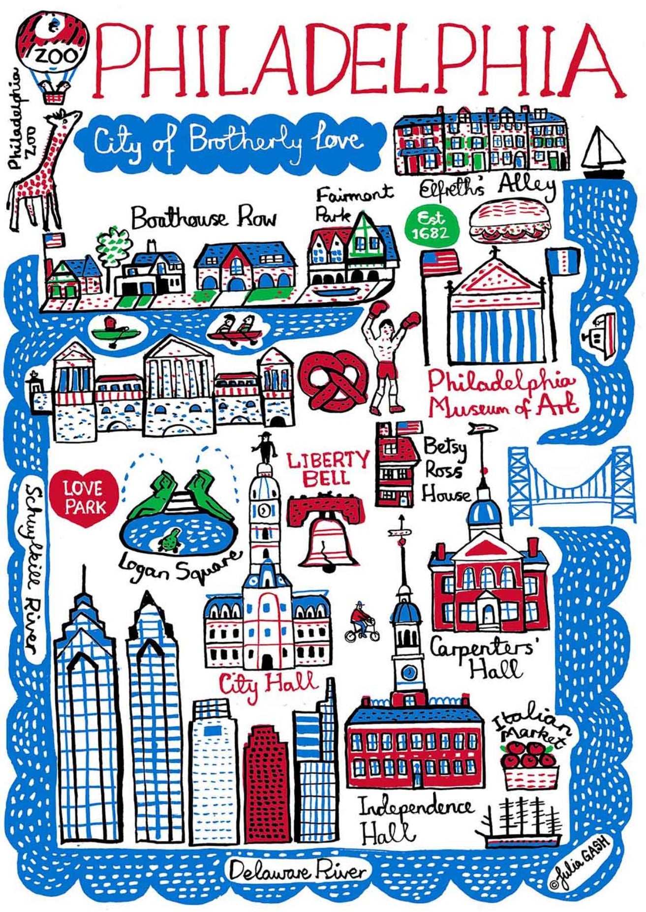 Modern Philadelphia Pennsylvania USA Travel Map Illustration by British travel artist Julia Gash