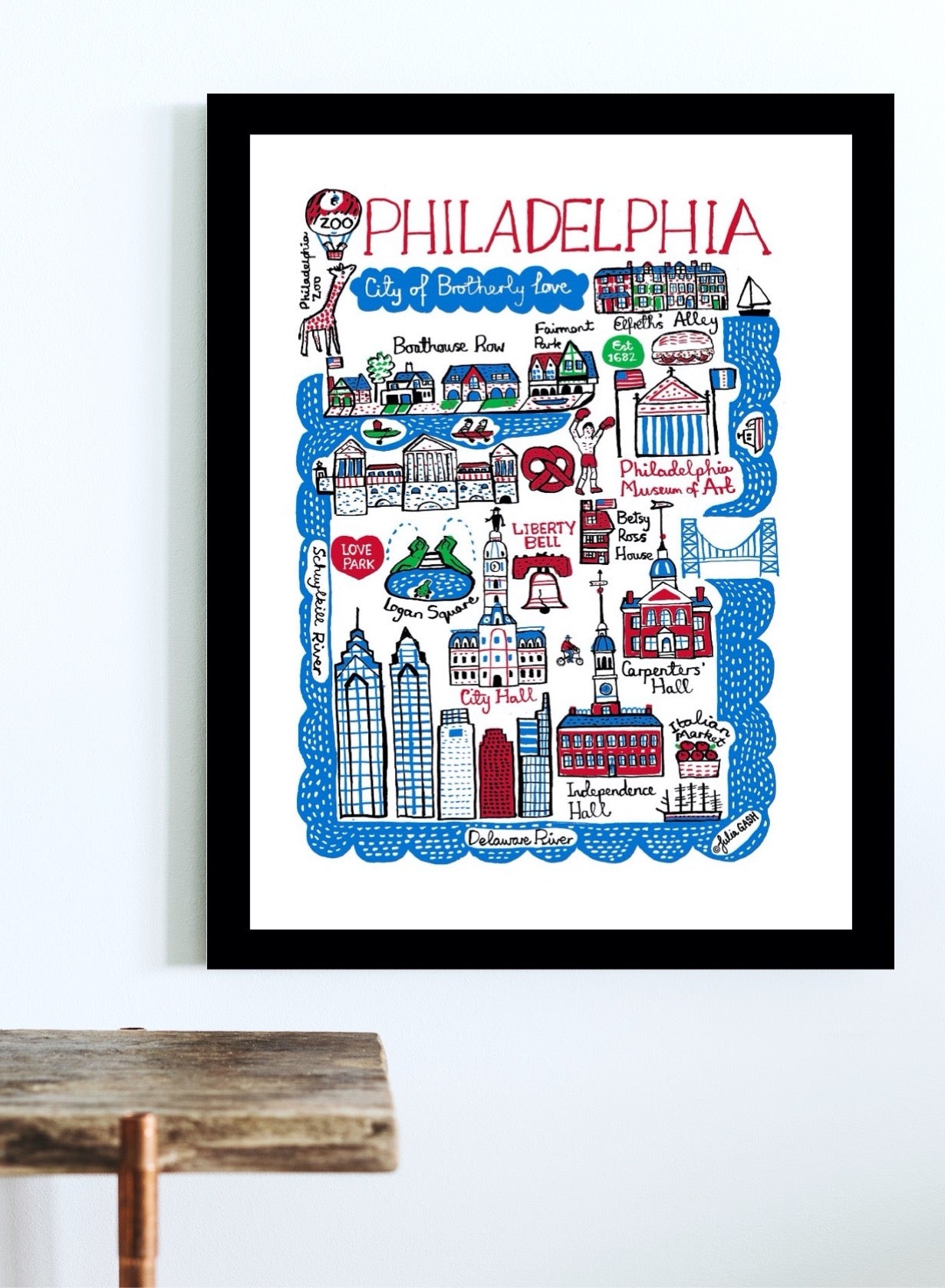 Modern Philadelphia Pennsylvania USA Travel Map Illustration by British travel artist Julia Gash