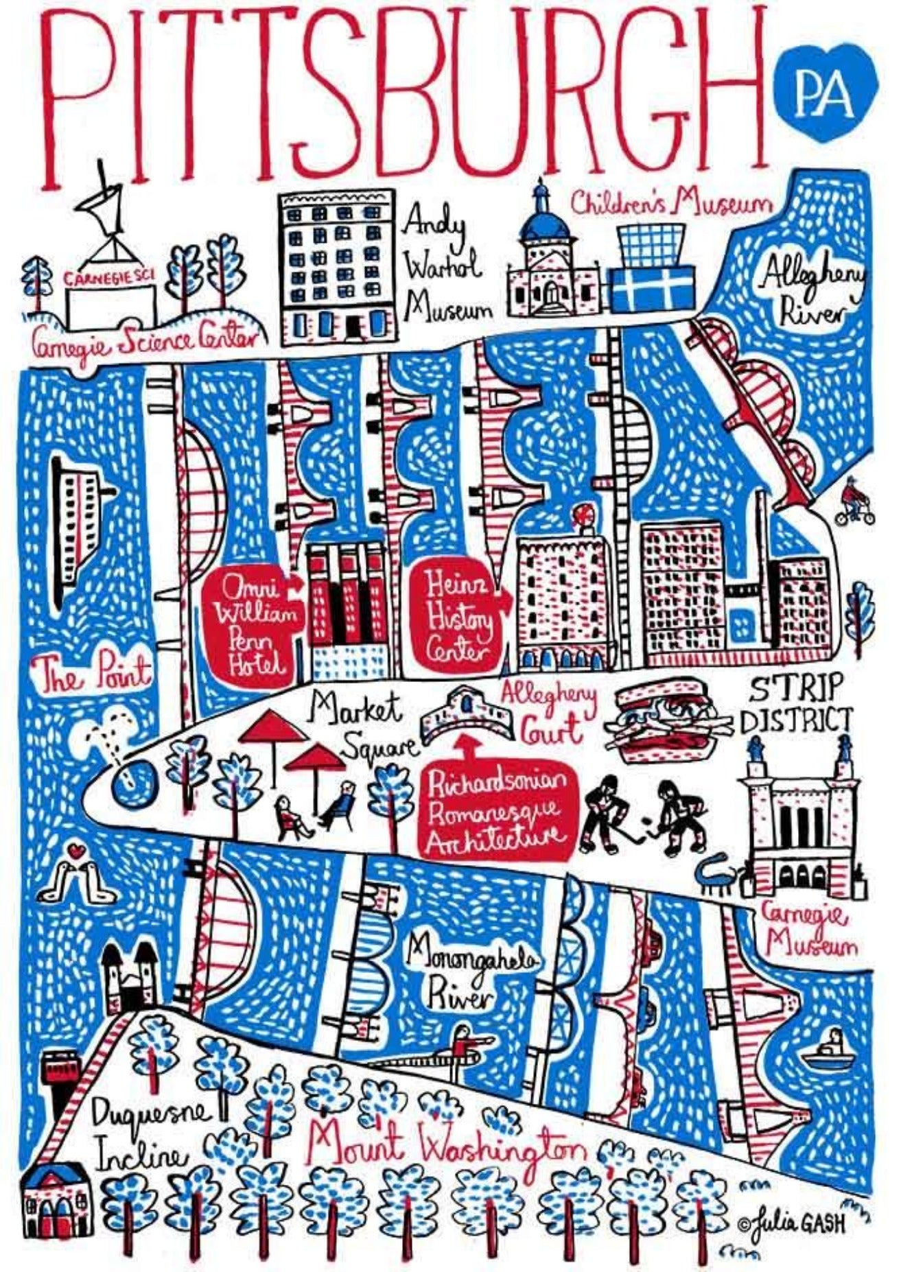 Pittsburgh Pennsylvania Travel Art Print by British Map Illustrator Julia Gash