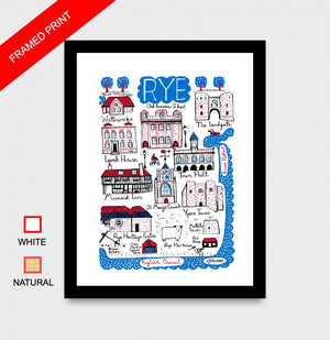 Rye cityscape illustration by Julia Gash, features the coast in East Sussex with lots of medieval buildings including Ypres Tower. Spirited and contemporary travel themed illustrations by Julia Gash are wonderful framed prints for your home.