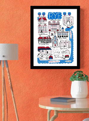 Rye cityscape illustration by Julia Gash, features the coast in East Sussex with lots of medieval buildings including Ypres Tower. Spirited and contemporary travel themed illustrations by Julia Gash are wonderful wanderlust decor for your home.