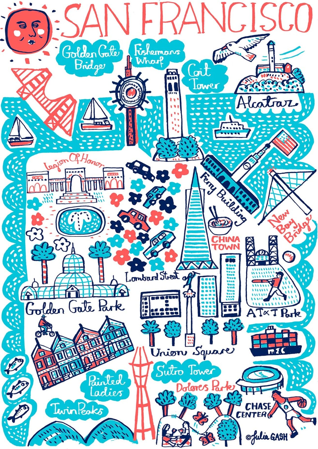 San Francisco California Travel Art Print by British Map Illustrator Julia Gash