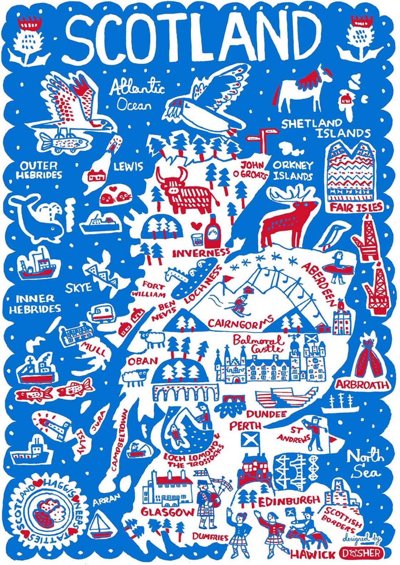 Quirky Scotland Travel Art Print by British map illustrator Julia Gash