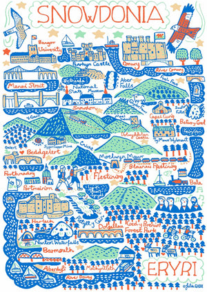 Snowdonia travel art print featuring Conwy, Mount Snowdon, Bangor, Menai Strait and Harlech. Eryri Map Illustration by Julia Gash