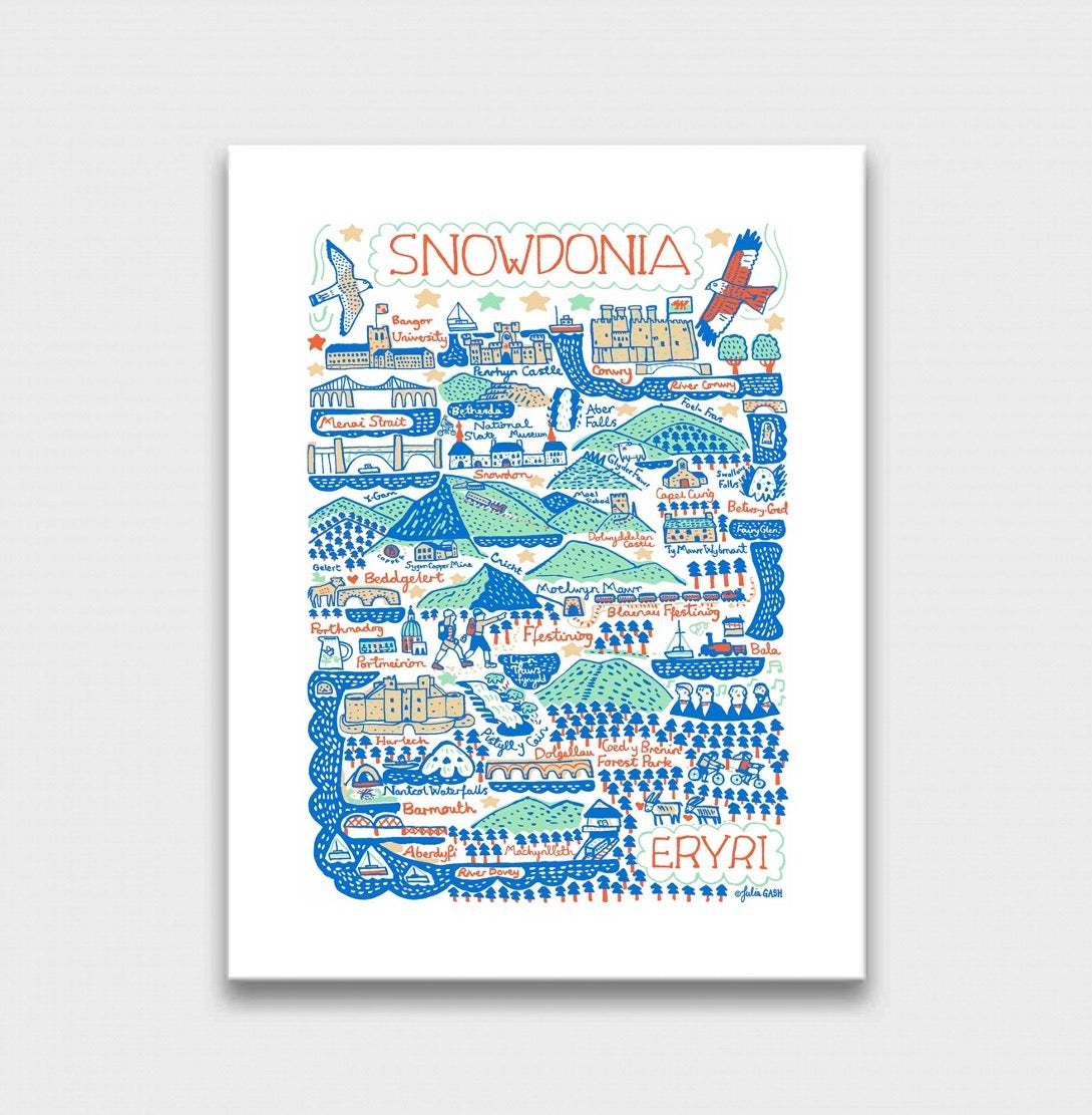 Snowdonia travel art print featuring Conwy, Mount Snowdon, Bangor, Menai Strait and Harlech. Eryri Map Illustration by Julia Gash