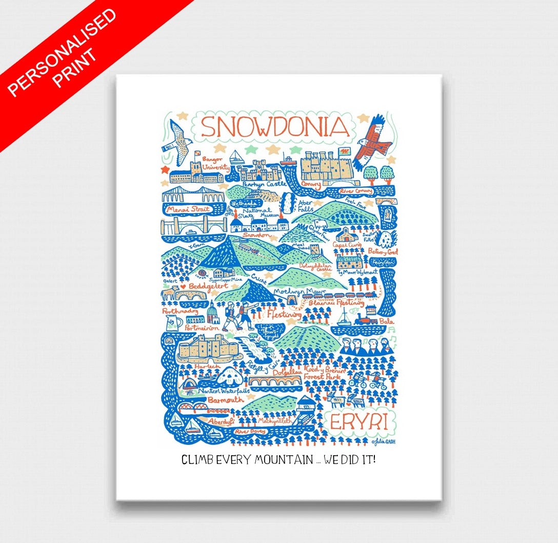 Snowdonia travel art print featuring Conwy, Mount Snowdon, Bangor, Menai Strait and Harlech. Eryri Map Illustration by Julia Gash