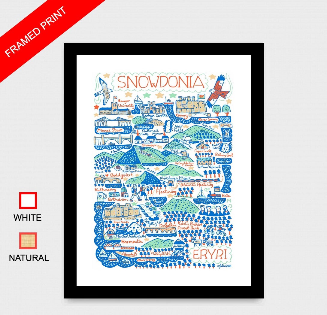 Snowdonia travel art print featuring Conwy, Mount Snowdon, Bangor, Menai Strait and Harlech. Eryri Map Illustration by Julia Gash