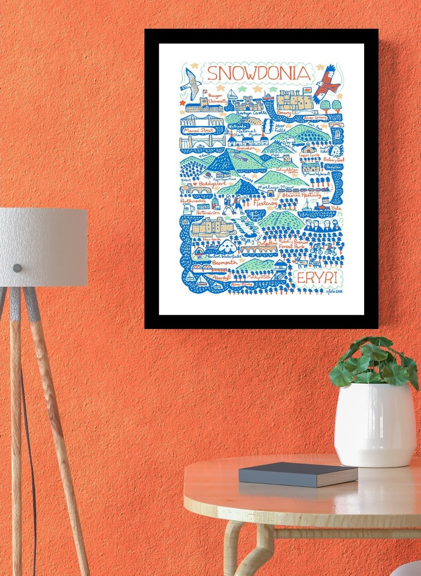 Snowdonia travel art print featuring Conwy, Mount Snowdon, Bangor, Menai Strait and Harlech. Eryri Map Illustration by Julia Gash