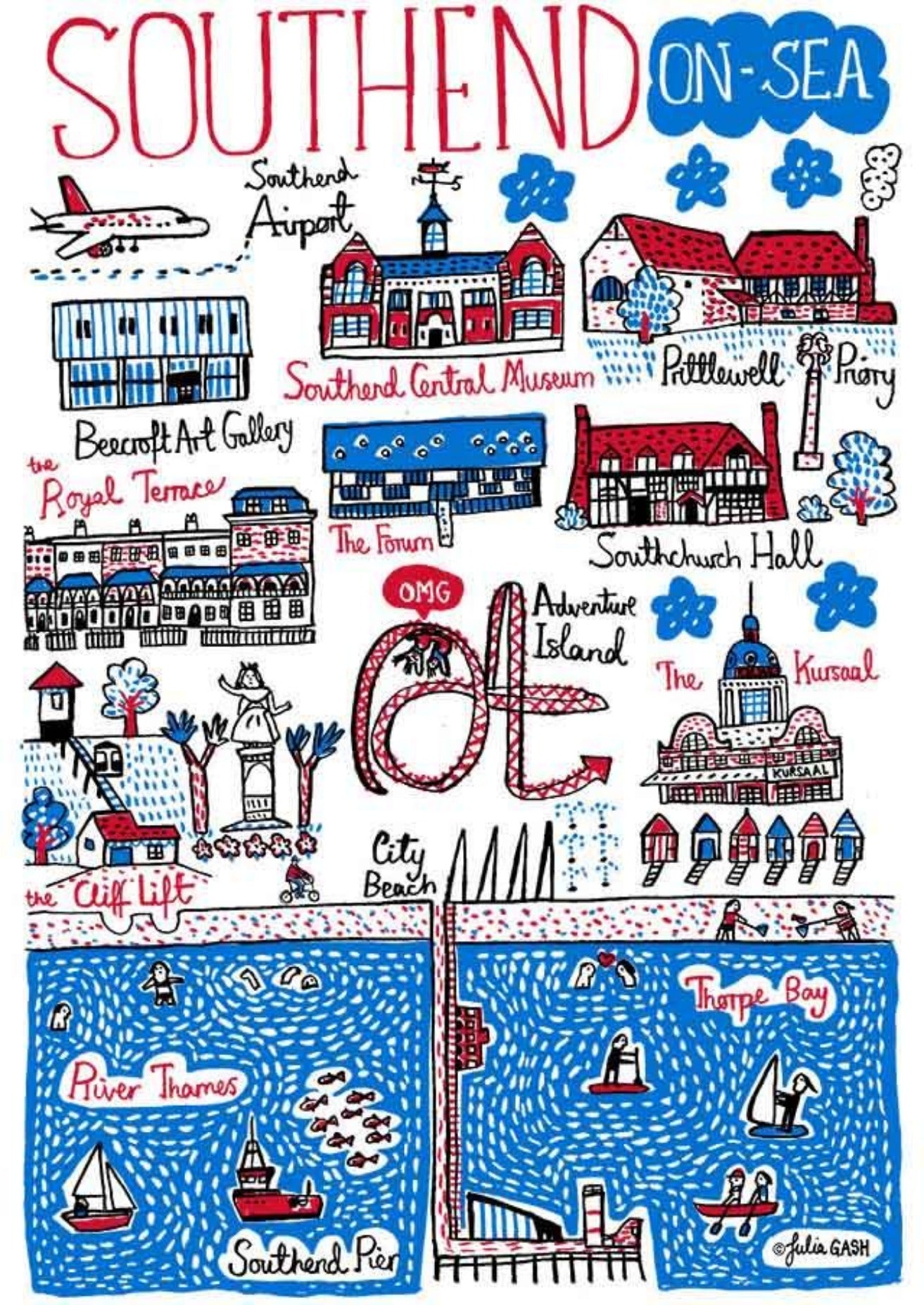 Modern Southend on Sea, Essex travel art print by British map illustrator Julia Gash