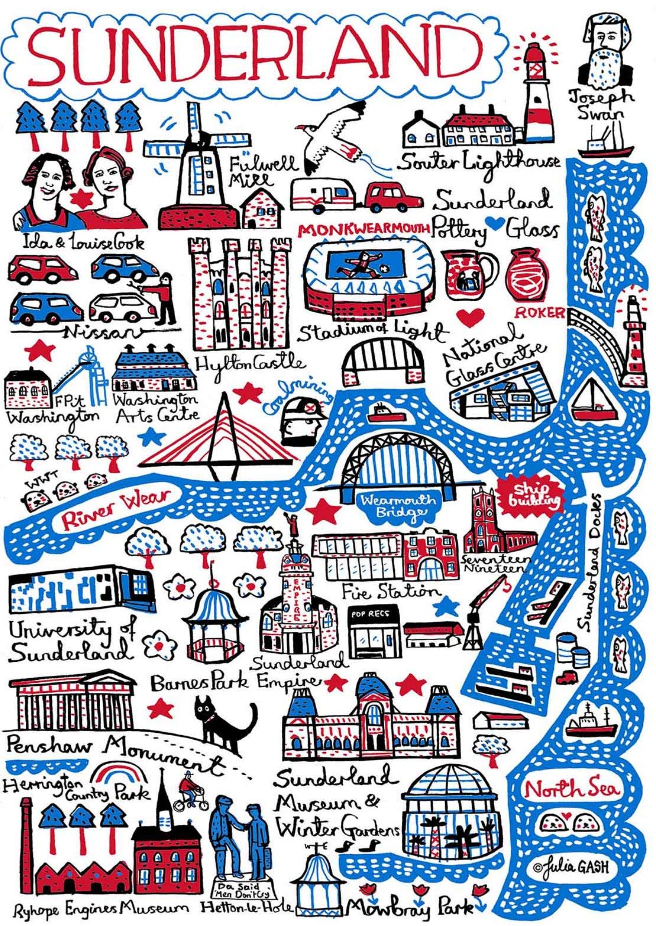 Sunderland Tyne & Wear Contemporary Art Print by British travel artist Julia Gash